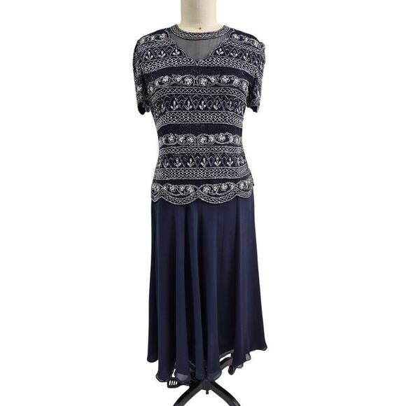 Papell Boutique Evening Navy Blue Silk Gown Beaded Sz 10 Mother of Bride - Picture 1 of 5